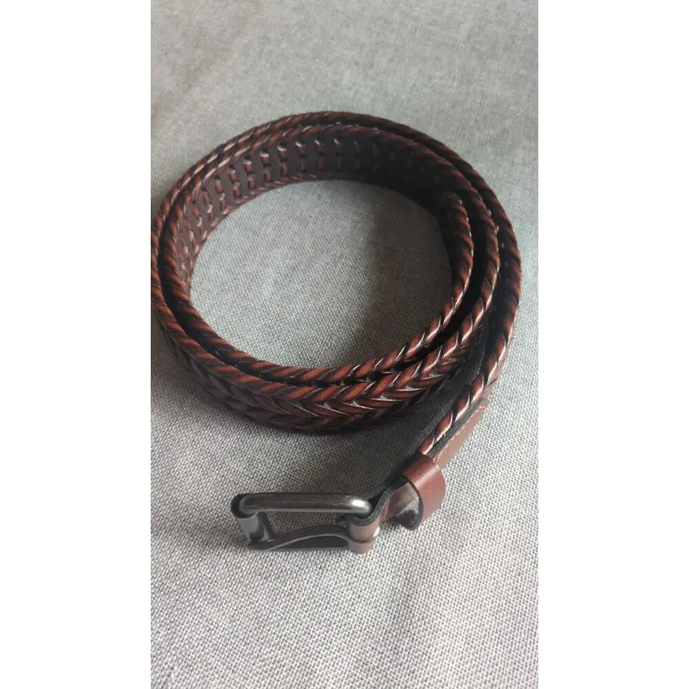 Vintage Brown Braided Men's Vegan Faux Leather Brown Belt 40, Silver Buckle